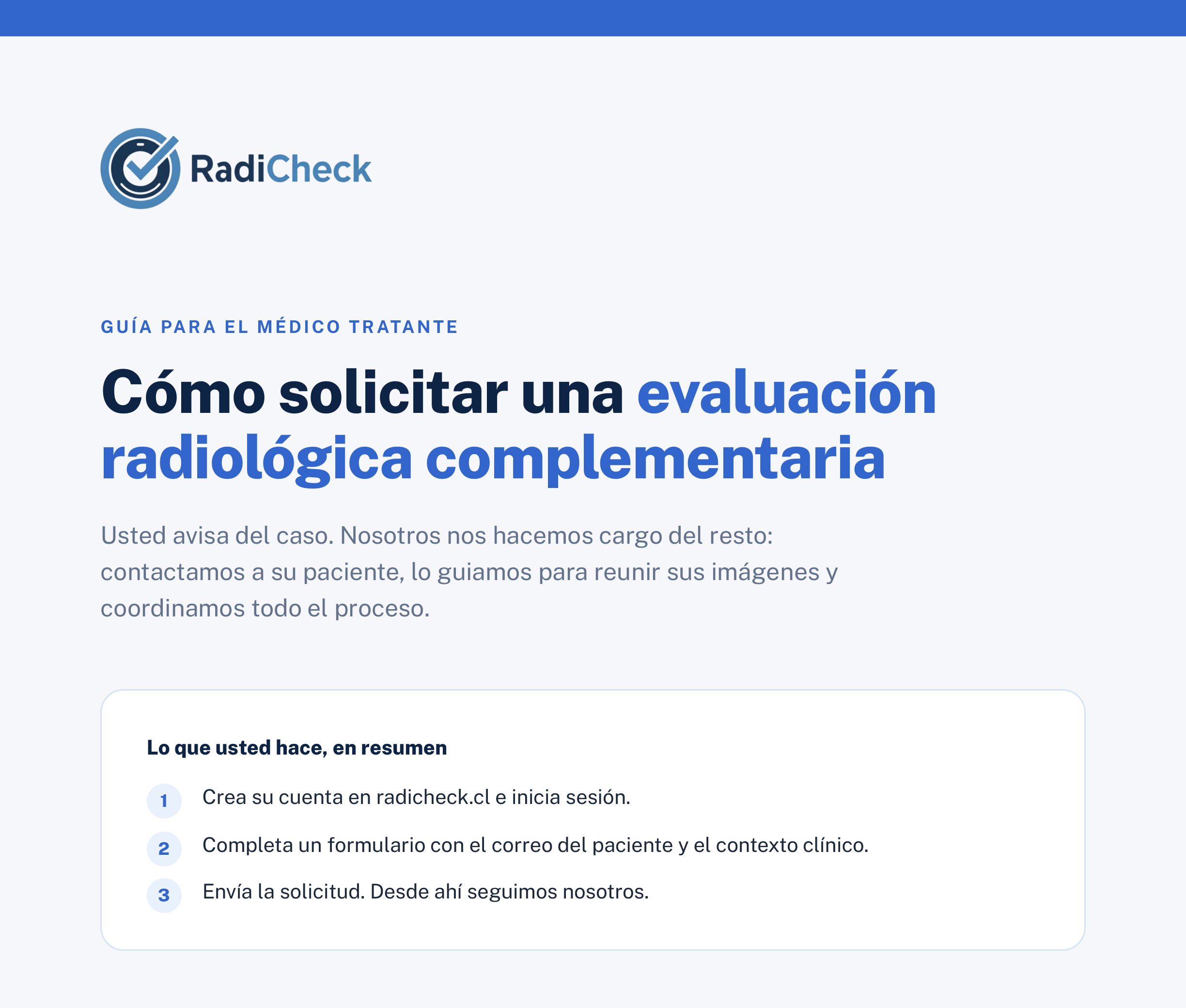 Inicio de la guía para médicos derivadores: cómo solicitar una evaluación radiológica complementaria.